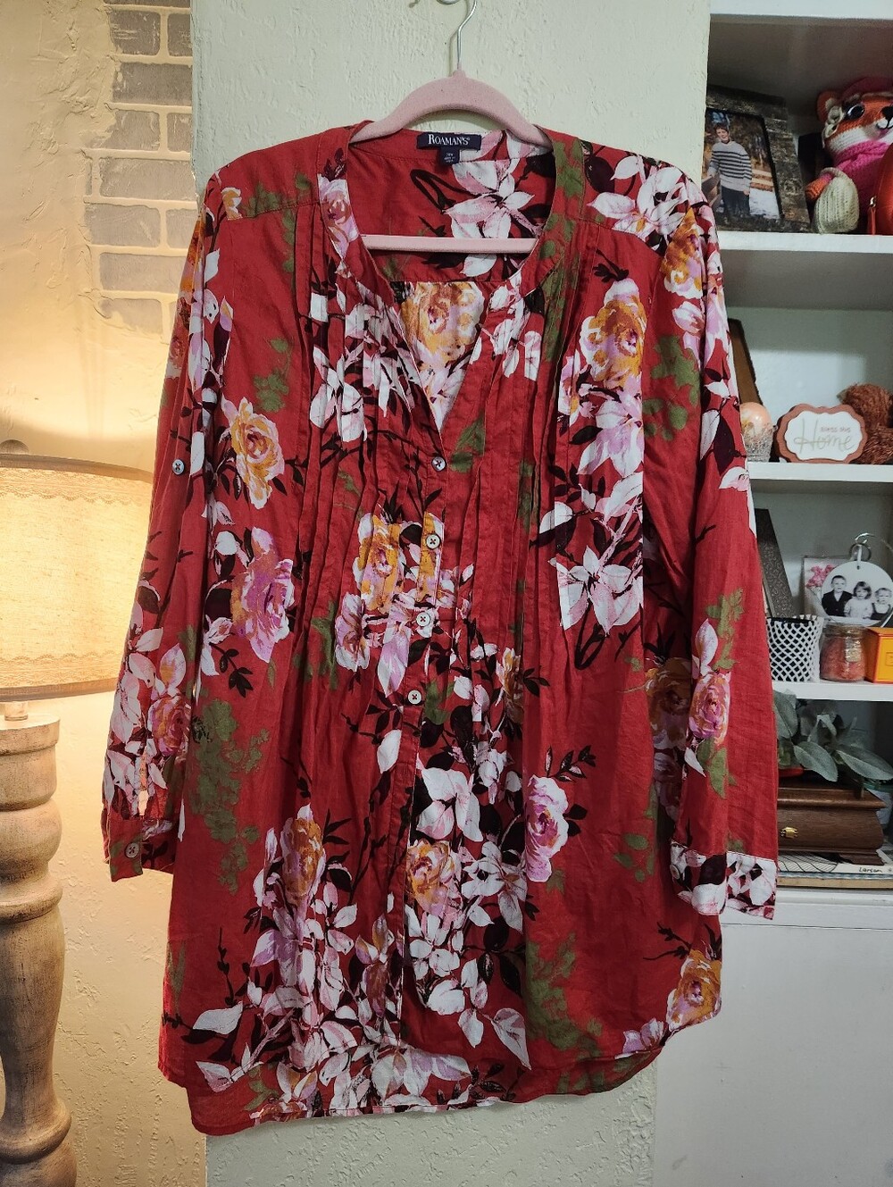 Roamans Red Floral Button Front Tunic Size 20 EUC